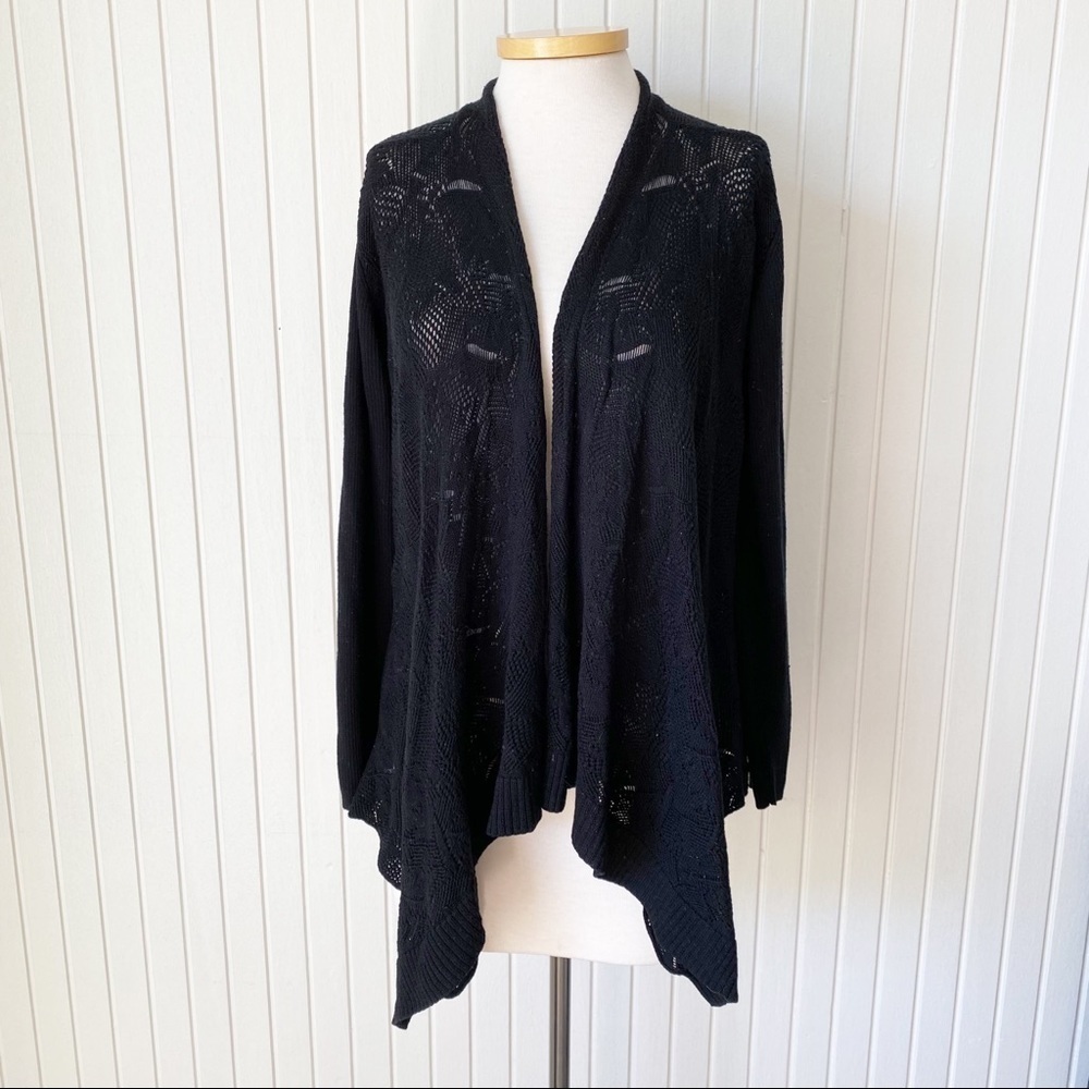 Eileen Fisher 100% Merino Wool Black Open Knit Drape Front Cardigan Size Large